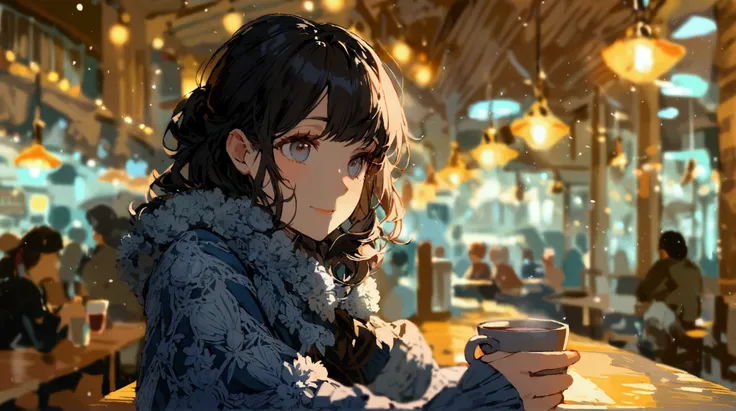 A woman drinking coffee in a large cafe. There are no customers. You can see the whole shop.