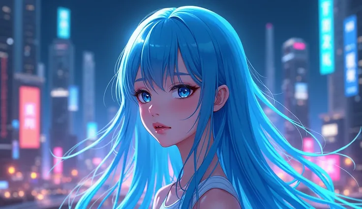 beautiful girl with long blue hair, futuristic city with neon lights, anime style