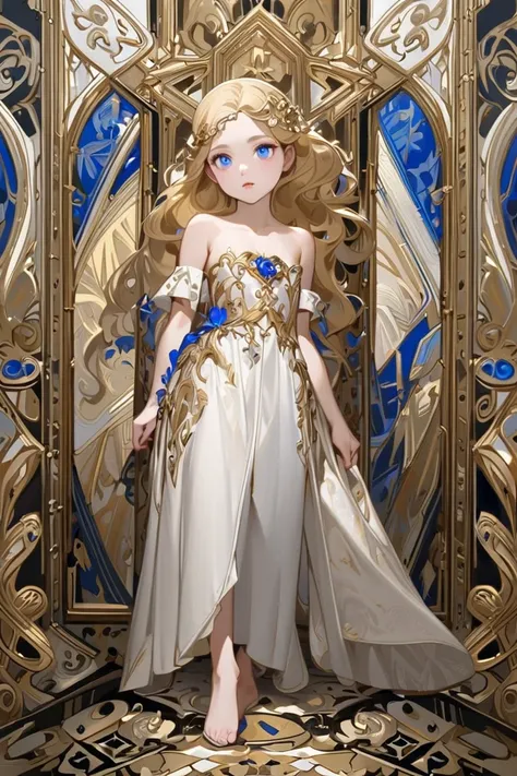 a young looking girl with snow white  naked body, looking like she stepped right out of a neoclassical painting. She has sapphire eyes and short, bobbed blonde hair.