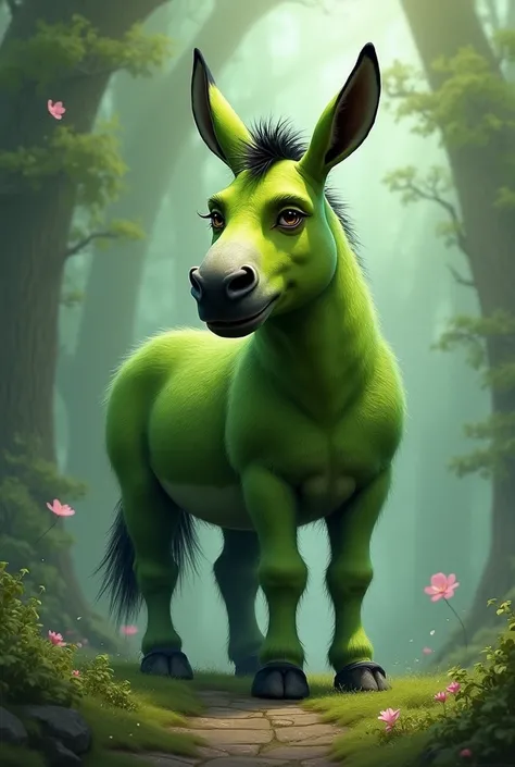 Create a green donkey with a water green color with black and place the Sherek from Laso