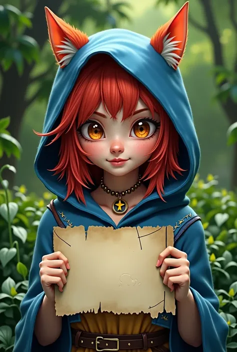 【8k,  Alina , (Realistic photos:1.4),  original photo, 1girl,  red hair,   animal ears  ,  blue hooded cape , Ears raised , attitude:  green background,  yellow eyes ,holding a sign