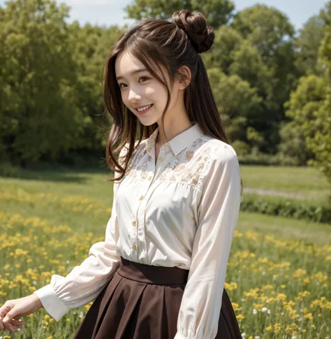 pretty girl , bun hair, brown hair,delicate,smile,masterpiece,field, long-sleeved blouse