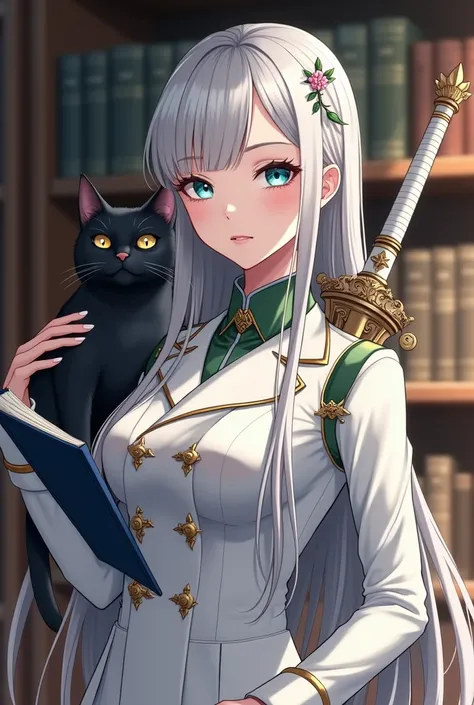 beautiful young woman, almond green emerald with gradient purple eyes, long silver hair, cold gaze, flat expresion, side-swept bangs, formal white military suit, wear a military coat, standing in front of book shelf, a white and green long sword in her bac...