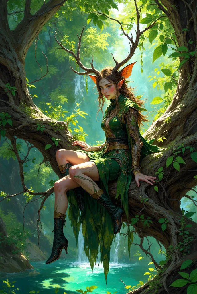 2d hyperrealistic illustration. a whimsically enchanting dryad-woman with brutal muscullar dryad-man, pointy ears and antlers bl...