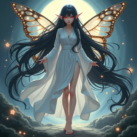 a barefoot witch, wearing white robes, with black hair, with white skin, fairy buterfly wings, 
 elf ears, red eyes, ultra long hair, anime style,  Rapunzel hair