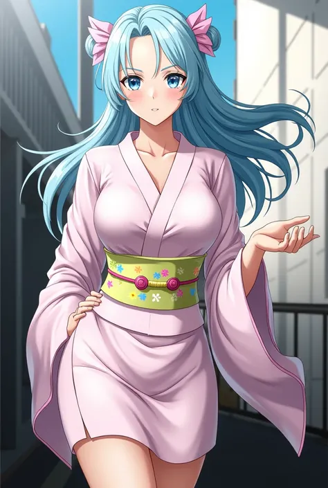 24-year-old adult woman with long light blue hair and big blue eyes and big breasts wearing a sexy short pink kimono in the background of a ships room in anime style