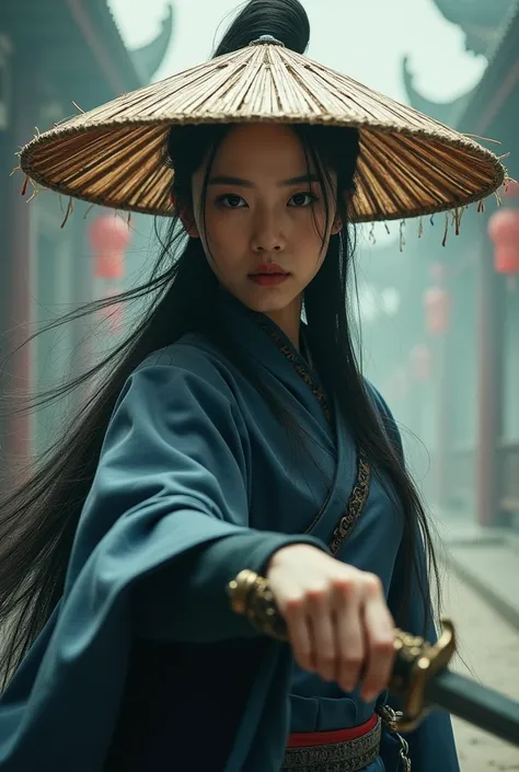  ancient Chinese architecture ，hazy， female warrior wearing a big straw hat，Holding a sword，Murderous face，The cape flutters，Dynamic，mystery，Break，雾气hazy，Water halo，close up，Martial Arts Styles，ink，Dark Tones， Movie Posters ， Super high quality ， 32k ultra...