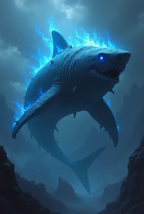  Hell shark that went into the world of darkness ,it swims above the sky but the fire is not red but blue, blue flames

The appearance is like being coated by a hard rock of hell, his eyes light up blue have tentacles behind , his front fins are 4 and he i...