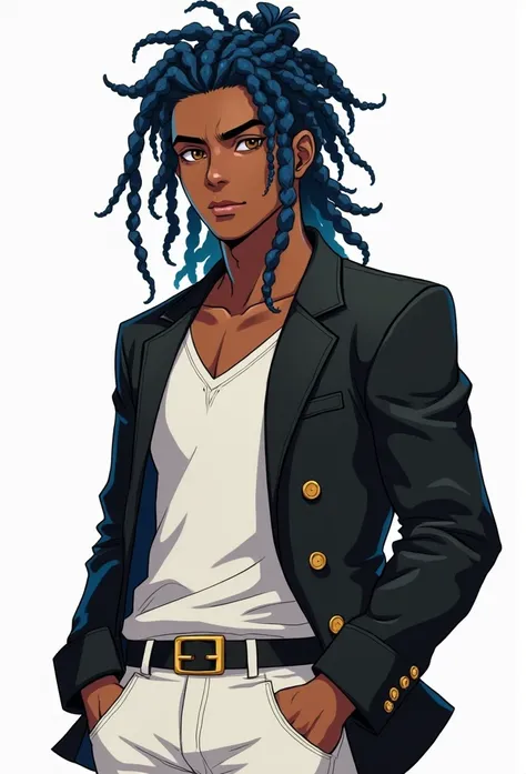 Dark-skinned young man with brown eyes and black jacket, Dreadlocks bleu clair, style dreadlock cheveux, dans un style humain, Colorful sketch, Unrealistic character concept, Personnage concept portrait de moi, detailed character portrait, Personnage de st...