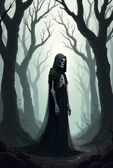 Skeleton with tunic and hood black landscape black trees 