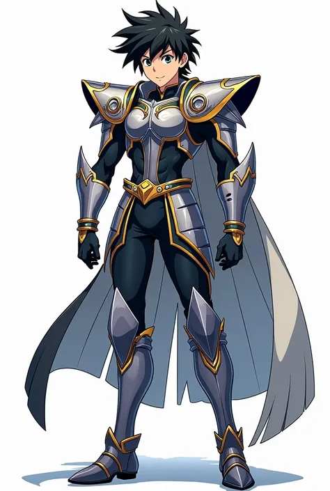  Full body image , full size ,  From head to toe ,  in profile and in front of , Young boy, , male anime character , strong, athletic and handsome ,  wearing armor inspired by the style of the knights of the zodiac  (Saint Seiya),  armor based on his anima...