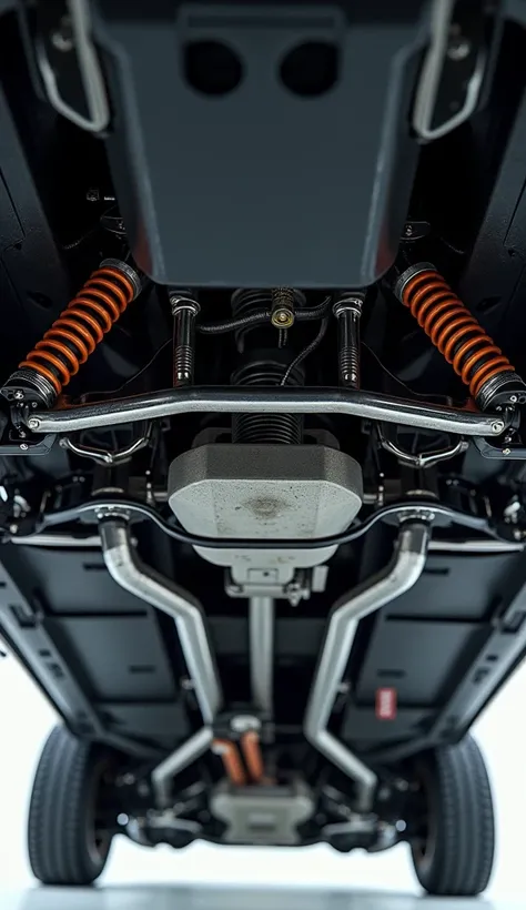 An undercarriage shot of the 1990s Toyota Supra Mk4, highlighting the double-wishbone suspension. The image focuses on the precision engineering of the suspension, designed for stability and high-performance handling