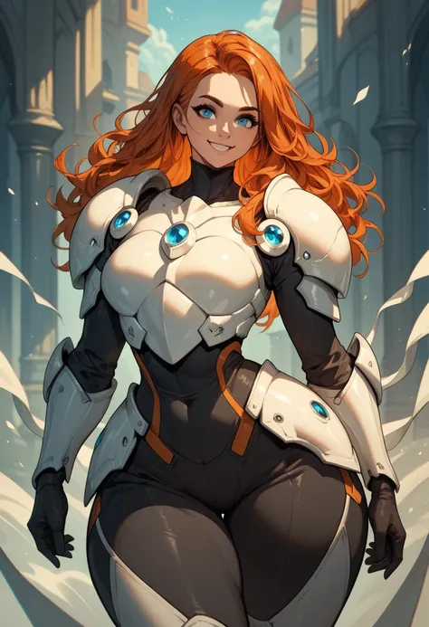 Woman , long orange hair, ginger hair, blue eyes, smiling, White cyber armor, black pants, big boobs, wide hips, large thighs,