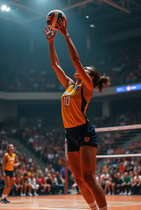 A photo of a player from a non-existent fictional professional volleyball team, blocking a ball.