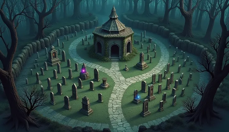 A top-down map of a spooky, haunted cemetery near the ruins of an ancient castle, designed in a Dungeons & Dragons style. The cemetery is surrounded by a dense, enchanted forest with dark, gnarled trees and glowing mushrooms. The layout includes numerous o...