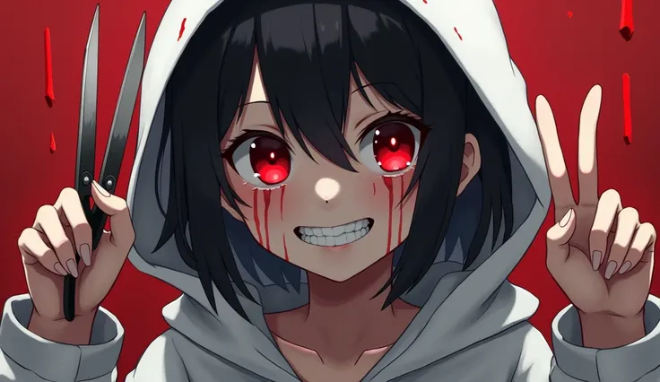 anime girl with black hair, white hooded sweatshirt, sinister grin, face stained with red paint, a pair of scissors stained with red paint in his left hand, a sign of silence with the right hand, face a little darkened, and eyes glowing slightly red