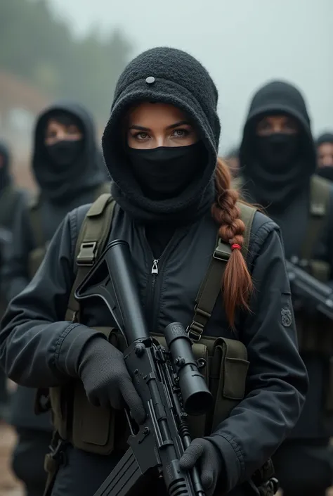 group of serious female army,, soldiers,, ponytail hairs,,wearing black soldier outfit,, some wearing black mask,, holding sniper rifle,, medium chest,,warzone,, prepare for war,,perimeter 2 realistic
