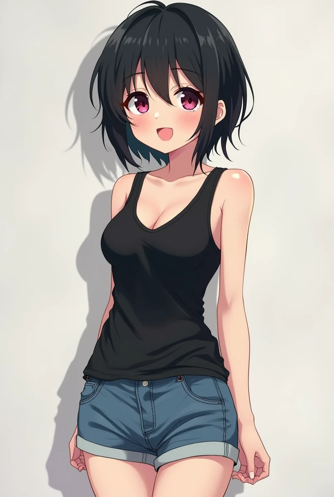 a japanese girl with cute and beautiful tomboy look.
messy short black hair.
small round sharp eyes.
little high nose.
thin pink lips.
sharp jaws line. 
v-shape chin
a-cup breasts with atheletic body & very white skin.
fullbody view.
Wearing black tank top...