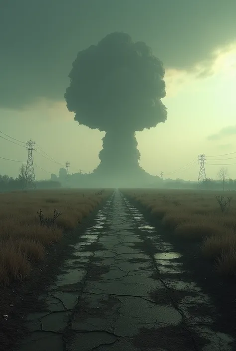 A vast, desolate field in Ukraine, where a nuclear explosion is seen in the distance, casting a dark shadow over the land