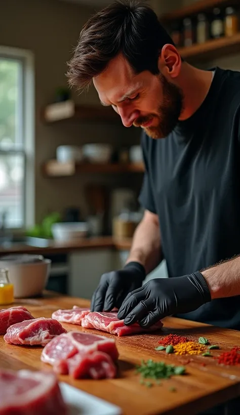 "A detailed image of Messi with a black glove precisely cutting meat on a wooden board. The scene shows his careful movements ,  with fresh pieces of meat and spices scattered on the kitchen counter ."