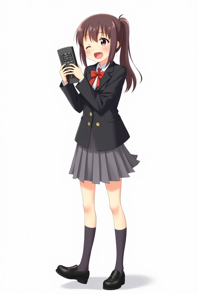 Girl standing in the front and her legs and wearing black shoes and uniform school blazer with gray skirt and red stripes anime image with a TV control white background and full body with an emotion of joy and embracing the TV control
Presenting control wi...