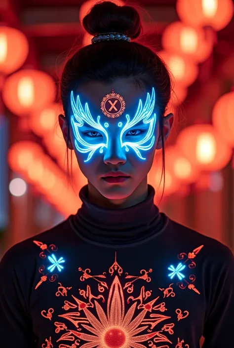 Photorealistic, This image has a photographic atmosphere in a concept that reflects the Chinese opera Face era. The model in the full image is a handsome young Chinese man wearing a luminous turtleneck shirt with a Chinese opera Face motif with a modern an...