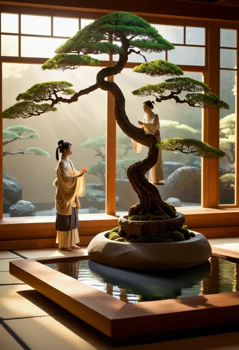 Dramatic indoor scene, traditional Japanese father with cybernetic implants arguing with gentle wife in floating zen garden, ancient bonsai tree next to quantum hologram display, evening golden hour light streaming through smart windows, emotional moment, ...