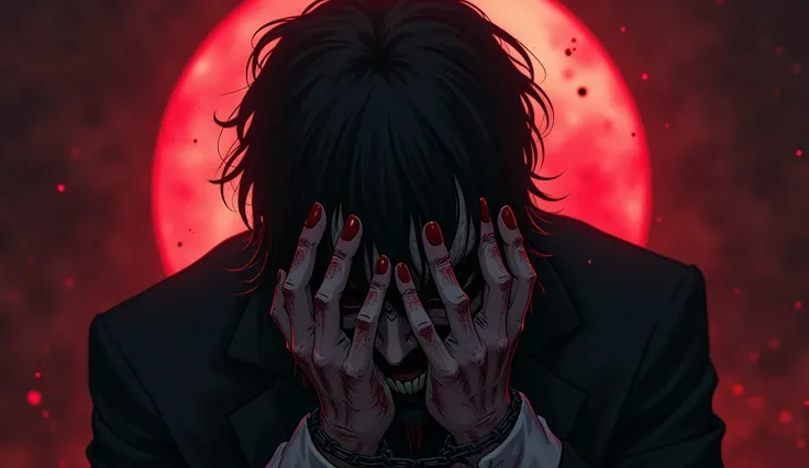 CREATE AN IMAGE OF A MAN IN ANIME STYLE, BEING ENSLAVED WITH CHAINS FOR A SIN, WHERE BLACK HANDS THAT BLEED AND COME OUT FROM HIS BACK, COVERING HIS EYES AND HIS MOUTH, A PLACE OF DARKNESS AND DARKNESS