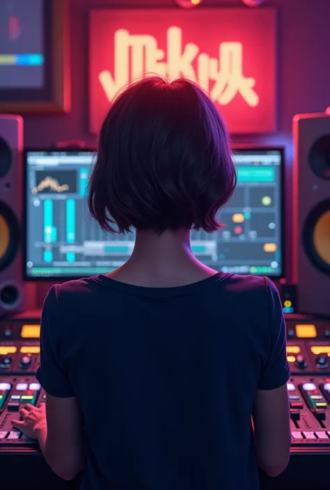   generates a photo that shows the figure on the back of a woman audio producer with short hair, You are currently producing  