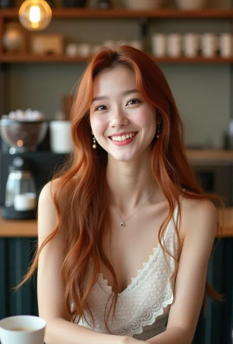 Korean woman with long reddish-brown hair smiles warmly while sitting in a cozy, modern café. She is dressed in a delicate white lace top, exuding a relaxed yet stylish vibe. The café background features soft lighting, a coffee machine, and cups arranged n...