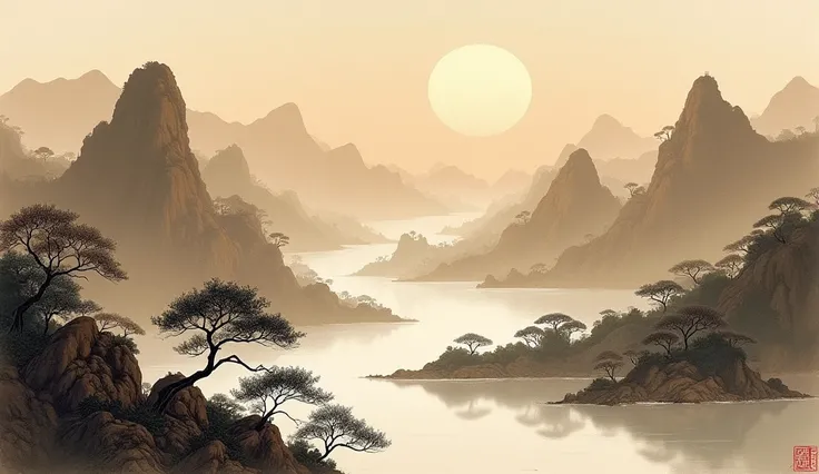  Yangtze River Delta Regional Scenery， Traditional Chinese Painting、Ink、Brown color 、landscape、Ancient style 