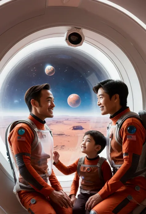 Father and two young boys in transparent training pod, practicing Mars gravity adaptation, red planet visible through dome window, determination on rens faces, fathers encouraging smile, bio-feedback suits glowing with vital signs, atmospheric sci-fi light...