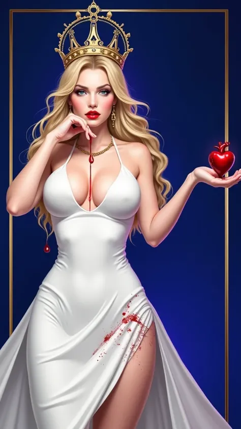  beautiful young woman, Long Blonde Hair , heavenly eyes , pale white skin tone ,porcelain skin,thick red lips,dominant look, beautiful and perfect face ,Wear a fitted long white dress, big breasts, wide hips,wide waist,23 years old,lovely,Infernal goddess...