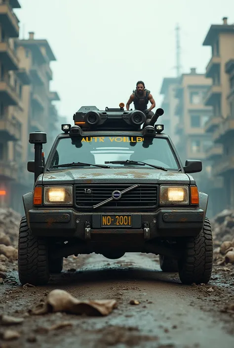 an ultra realistic image of a Volvo car with anti-zombie weapons in an apocalyptic setting