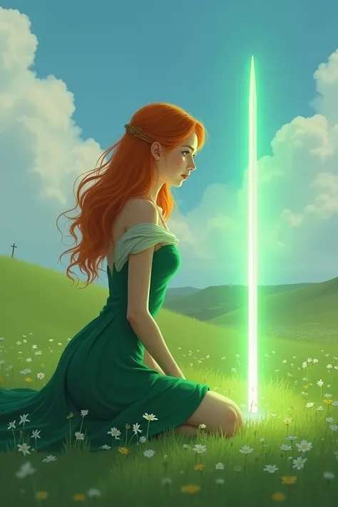 Female amber hair amber eyes green dress kneeling down next to glowing green sword in field 