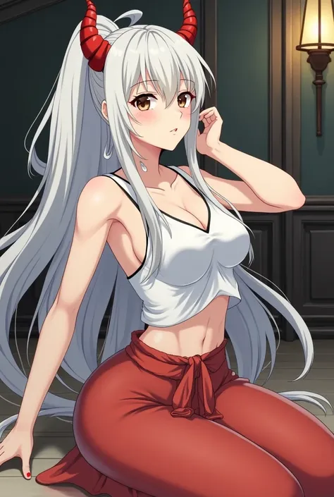 25-year-old adult woman with long white hair tied with a ponytail with red horns brown eyes with big breasts wearing a sexy short white kimono and a short red skirt in the background of an anime-style ships room