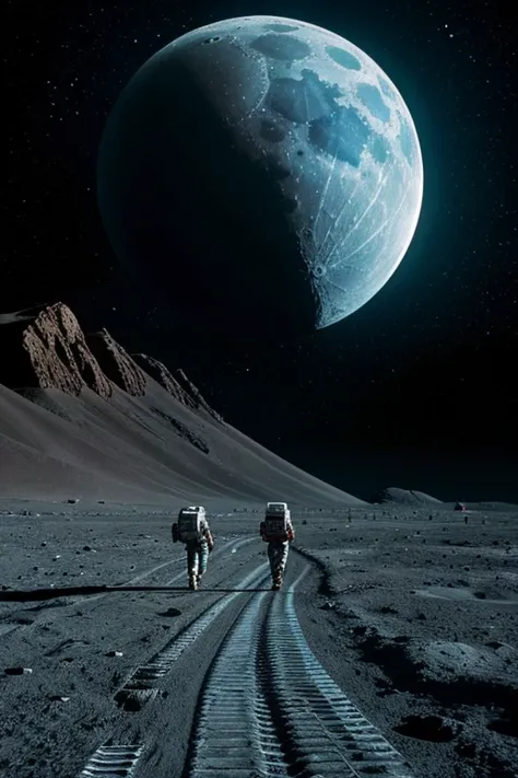 People desperately fleeing aliens on the moon, Uma cena assustadora de figuras humanas correndo pela paisagem lunar, Aliens are hot on your trail in this exciting sci-fi concept art, Uma obra-prima de uma pintura, preenchido com detalhes intrincados e alto...