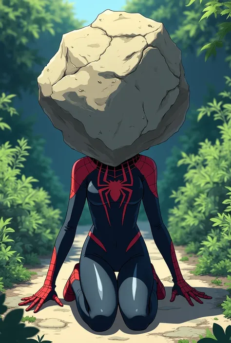 girl, anime, Gwen, adolescent, Dressed as Spiderwoman in black,  a big rock replaces his head , kneeling,  with arms extended , The big rock completely replaces his head,  her head is not visible because the Graden rock completely replaces her, Belem blue ...