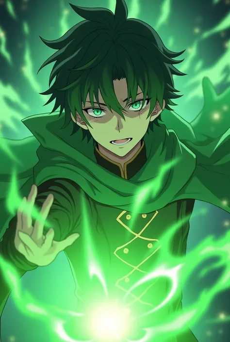  a close up of a male person with a green cape and a green cape, Keqing from Genshin impact , bright green leaf soul , Key anime art, he is casting a lighting spell, Genshin impact character, Nagito Komaeda, An arcane mage casting a spell,  an epic anime o...