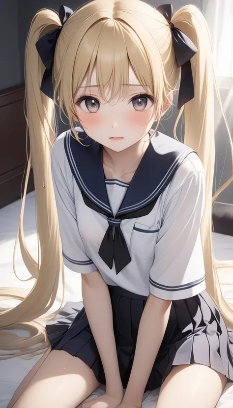  1 cute  girl ,Young Face、 slim figure、Thin legs、８Head to Body、((Beautiful blonde))、( light blue inner color )、(( her very long hair is cute in twin tails, but its disheveled like after strenuous exercise))、((The girl sits flat with her legs spread on the ...