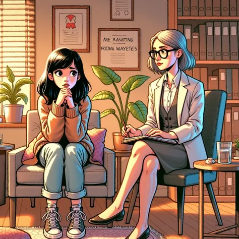 Create an image where Lia, the black-haired one, and the therapist appear in group therapy 