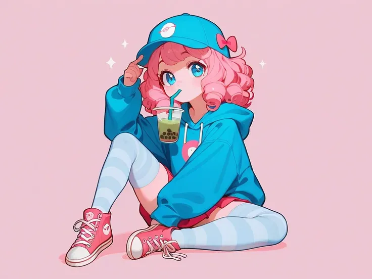 1girl, prepubescent girl, curly hair, ((dark pink hair)) blue eyes, tiny pink flared skirt, oversized light blue sweater, light pink striped thigh highs, pink converse shoes, staring at viewers, light pink skin, hair bows, soft blush, baseball cap, full bo...