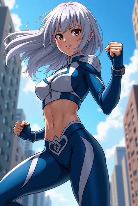 My Hero Academia Style , Anime girl, female, young female ,Full Body Shot,(fighting stance:1.3),Long hair, Silver Hair,  Brown Eyes,Hero Suit, Full Body Suit, Blue suit with white details, perfect anatomy,  （Toughened Abs),super detailed,(Buildings:1.2）