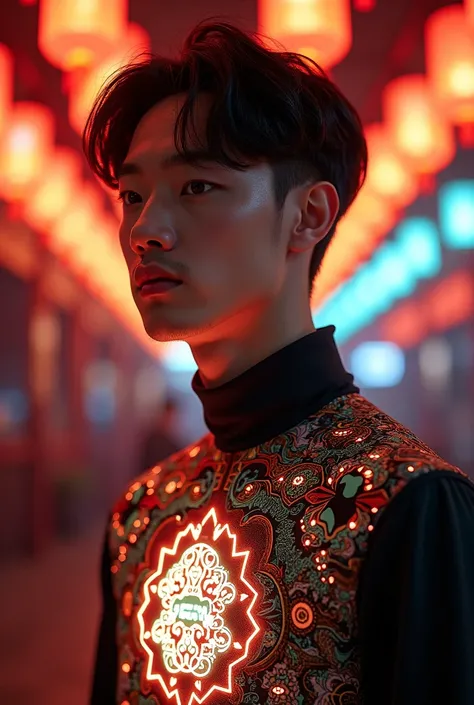 Photorealistic, This image has a photographic atmosphere in a concept that reflects the Chinese opera Face era. The model in full image is a handsome Asian model wearing a luminous turtleneck shirt with a Chinese opera Face motif with a modern and futurist...