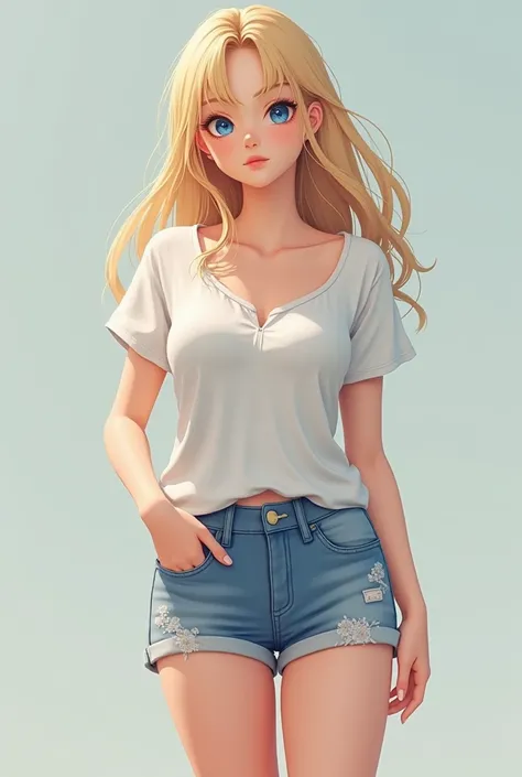 25 year old blond anime woman with a round, yet defined face, blue eyes, a loose v neck  white shirt, short blue shorts, barefoot