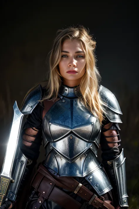 a beautiful young woman , nikki tyler ,in armor he is standing on a dark and muddy wasteland with a sword, armored warrior, armo...