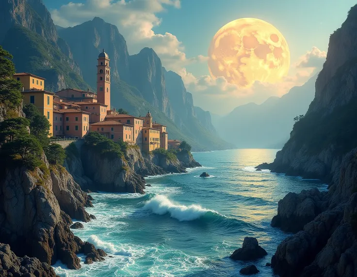  two coastal cities in the mountainous regions of Italy .  well defined and impressive .  the sea crosses the two cities.  A very large moon , Full and yellow .  behind the scene between the cities .  hitting the rocks below the city waves of a rough sea+ ...