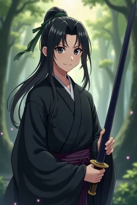 beautiful young man, round dark gray eyes, long black hair tied low with a dark green ribbon, long bangs, bright gaze, cheerful and naughty expression, black hanfu with long sleeves, dark purple belt, dark blue almost black long sword in his right hand, sm...