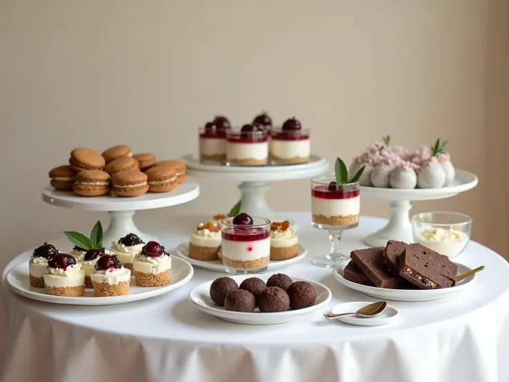  dessert table ,  color white with black and gold , beige walls ,  desserts such as 

Mini cheesecakes in clear glass cups ,  showing layers of cookie ,  cream and jam .

 Macarons in neutral colors  (white, light gray)  with metallic or lightly sprinkled ...