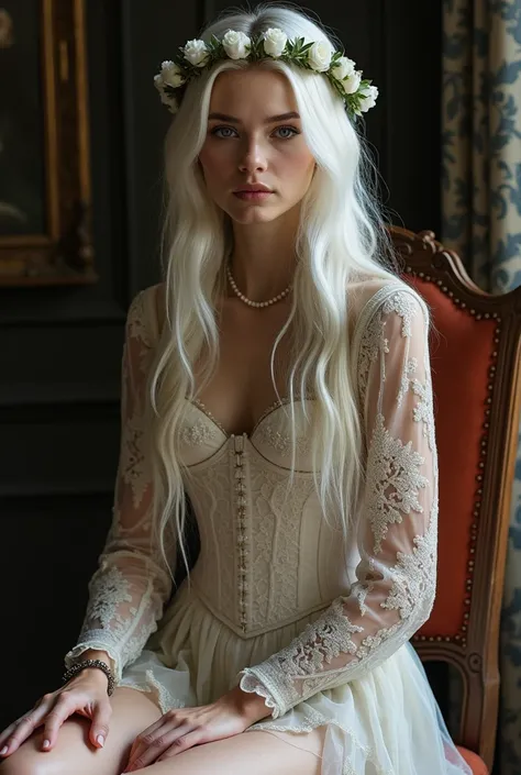 anya taylor-joy, transparent open dress, lace, white long hair, realistic, dramatic light, dark aesthetic, diadem, pearl, white flowers, open legs, ankle chain, elegant shoes, renaissance style, sits on a chair, elegant corset